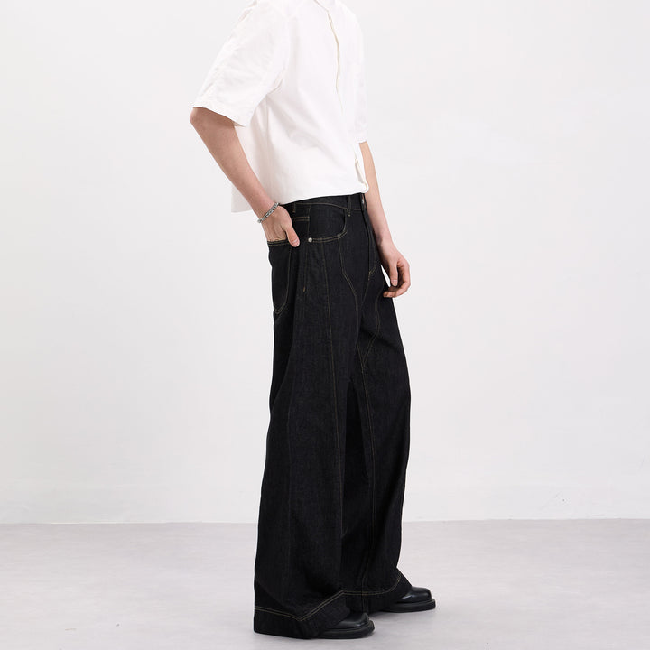 Men's Oversized Denim Palazzo Pants with Sculptural Panel Seams and Deep Crotch Mune Fashion