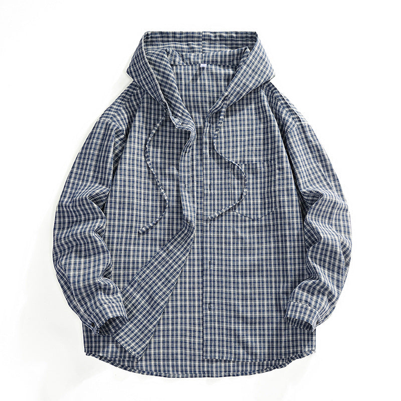 Men's Oversized Checkered Shirt with Hood, Drawstring & Concealed Button Placket Mune Fashion