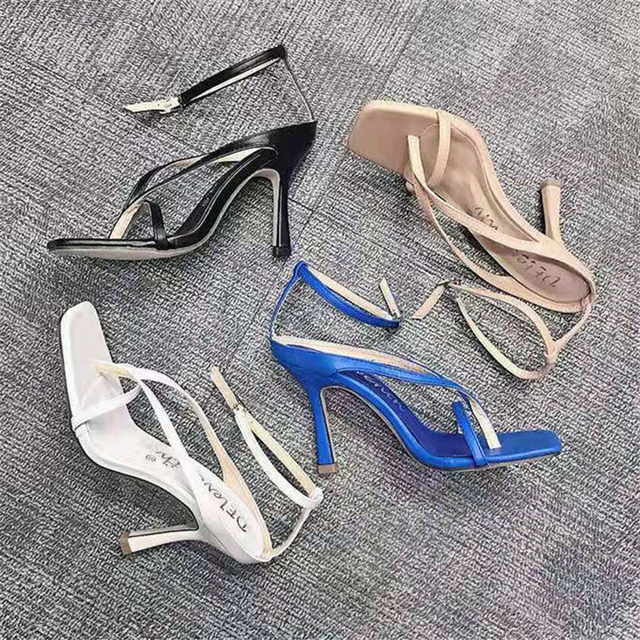 Women's filigree toe-ring sandals with square toe shape, crossed straps, and fine stiletto heel Mune Fashion