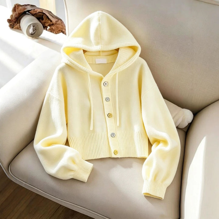 Women's Hooded Knitted Cardigan with Button Placket, Ribbed Cuff, and Oversized Sleeves Mune Fashion
