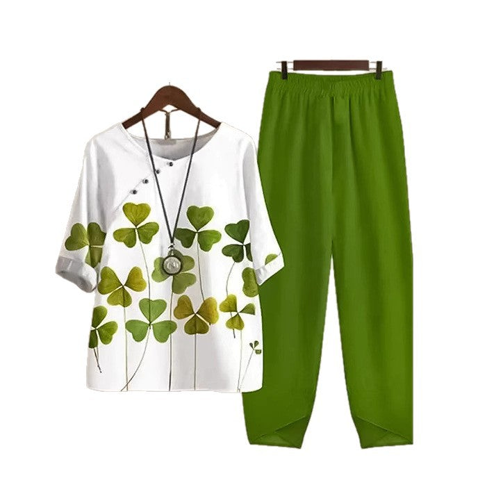 Women's two-piece casual ensemble with clover print tunic and elastic comfort waistband pants Mune Fashion