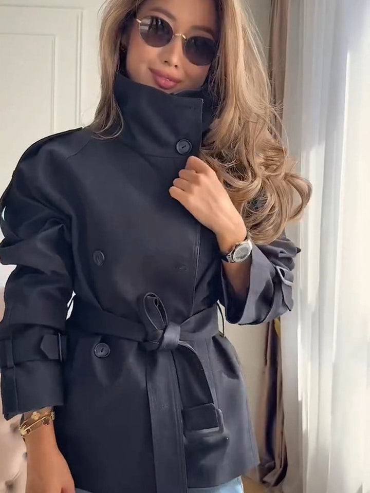 Women's Short Boxy Trench Coat with High Standing Collar, Double-Breasted Front & Waist Belt Mune Fashion