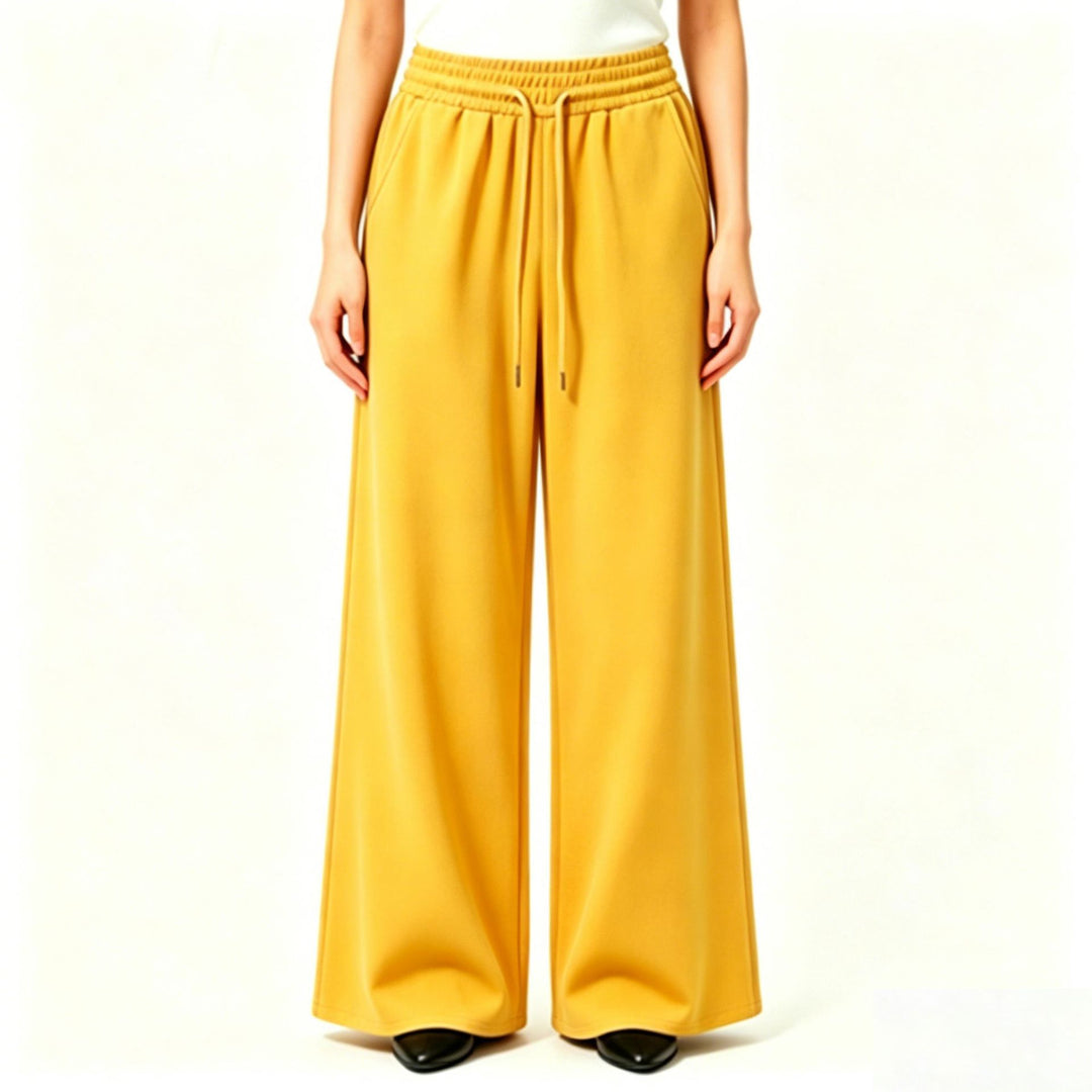 Ladies wide high-waist lounge pants with elastic waistband, drawstring, and flowing jersey Mune Fashion