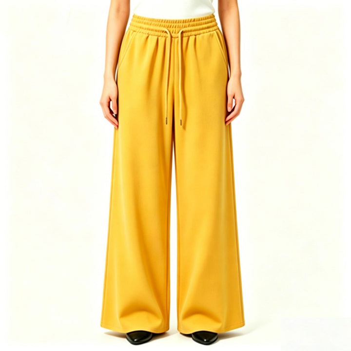 Ladies wide high-waist lounge pants with elastic waistband, drawstring, and flowing jersey Mune Fashion