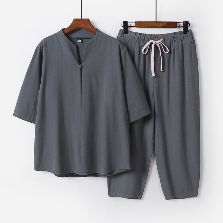 Women Lightweight Linen-Cotton Loungewear Set with Stand Collar, Three-Quarter Sleeves and Elasticated Waist Pants Mune Fashion