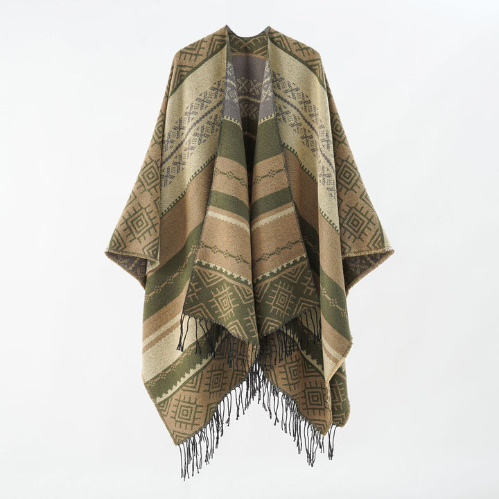 Women Woven Jacquard Poncho with Geometric Ethno Pattern and Fringed Hem Mune Fashion