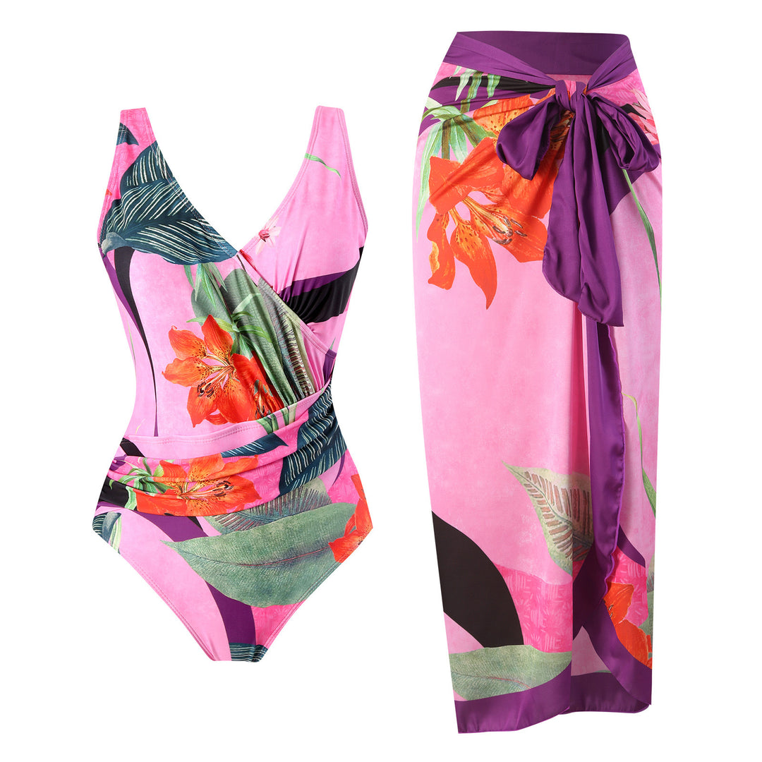 Women's swim set with floral wrap skirt and one-piece Mune Fashion