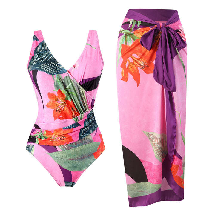Women's swim set with floral wrap skirt and one-piece Mune Fashion