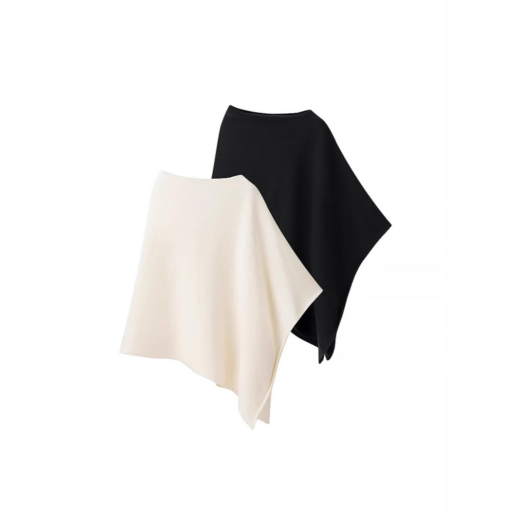 Women's Fine Knitted Poncho with Asymmetrical Hem and Boat Neck Mune Fashion