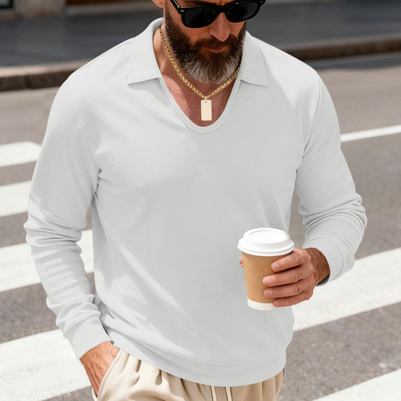 Men's patterned long sleeve polo with V-neck and open kent collar Mune Fashion