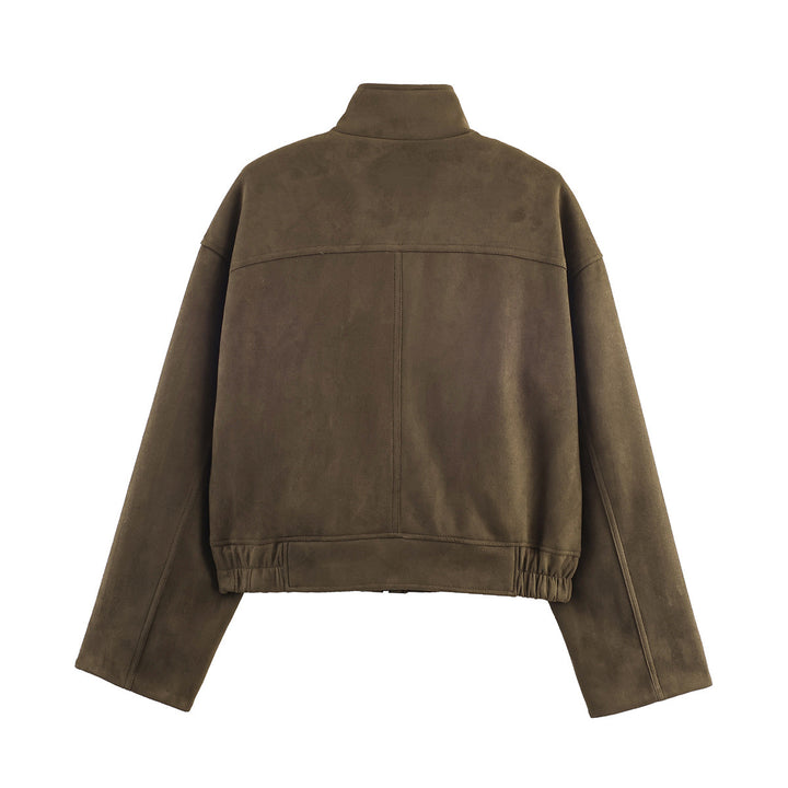 Women's Short-cut Velour-look Bomber Jacket with Stand-up Collar and Flap Pockets Mune Fashion