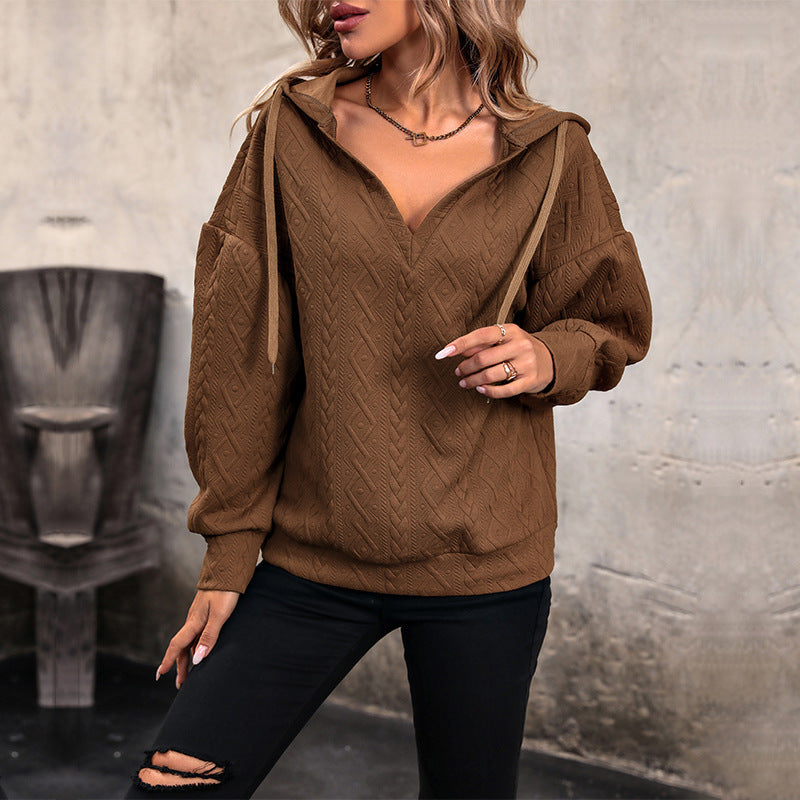 Women's Cozy Knit Sweater with V-Neck and Hood Mune Fashion