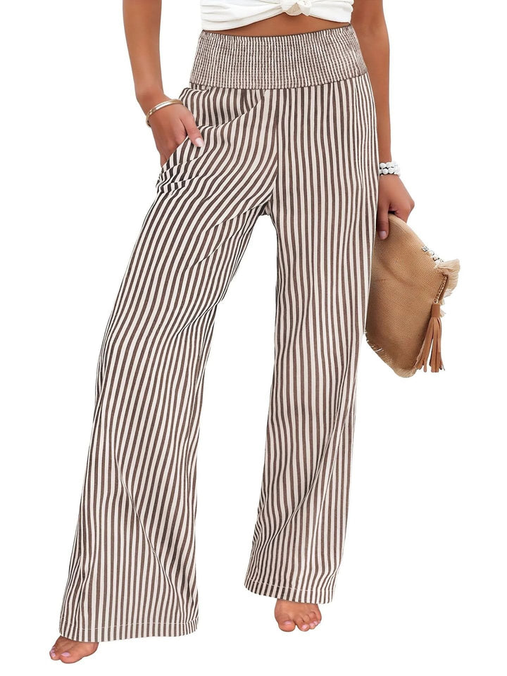 Women's Striped Palazzo Pants with High Ruffled Waist and Wide Leg Mune Fashion