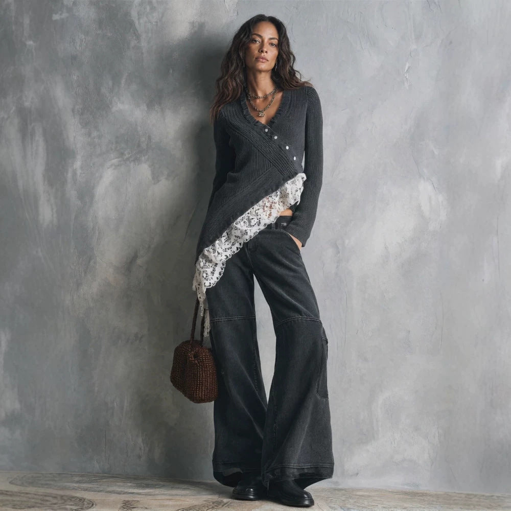 Women's Asymmetrical Knit Cardigan with Lace Trim and Button Placket Mune Fashion