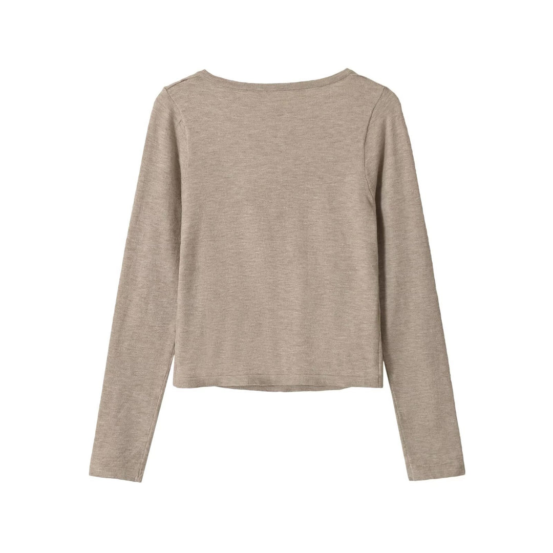 Women's short cardigan made of fine knit with V-neck, button placket, and lace insert Mune Fashion