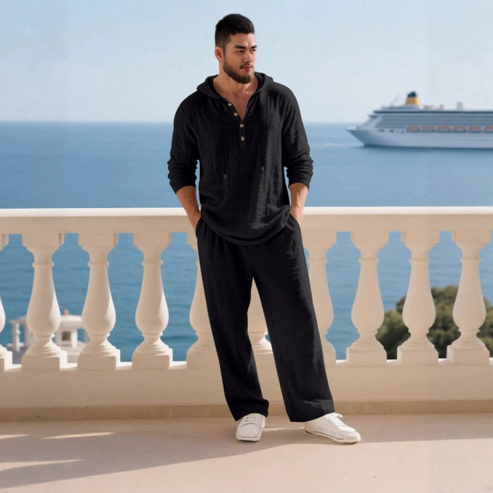 Men's casual linen two-piece set with hooded Henley-style shirt and loose-fitting leisure pants Mune Fashion