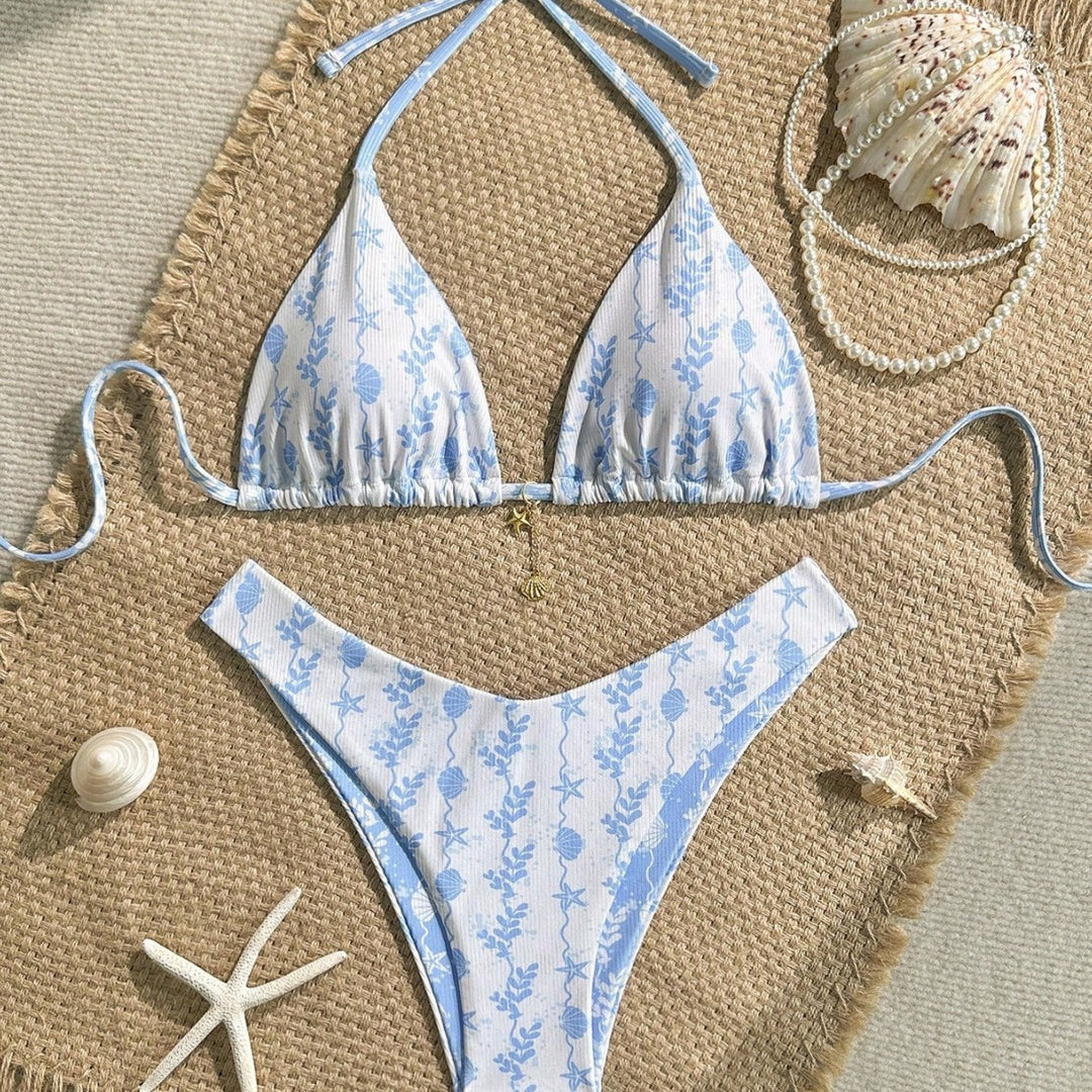 Women Triangle Bikini with Maritime Pattern and Adjustable Ties Mune Fashion