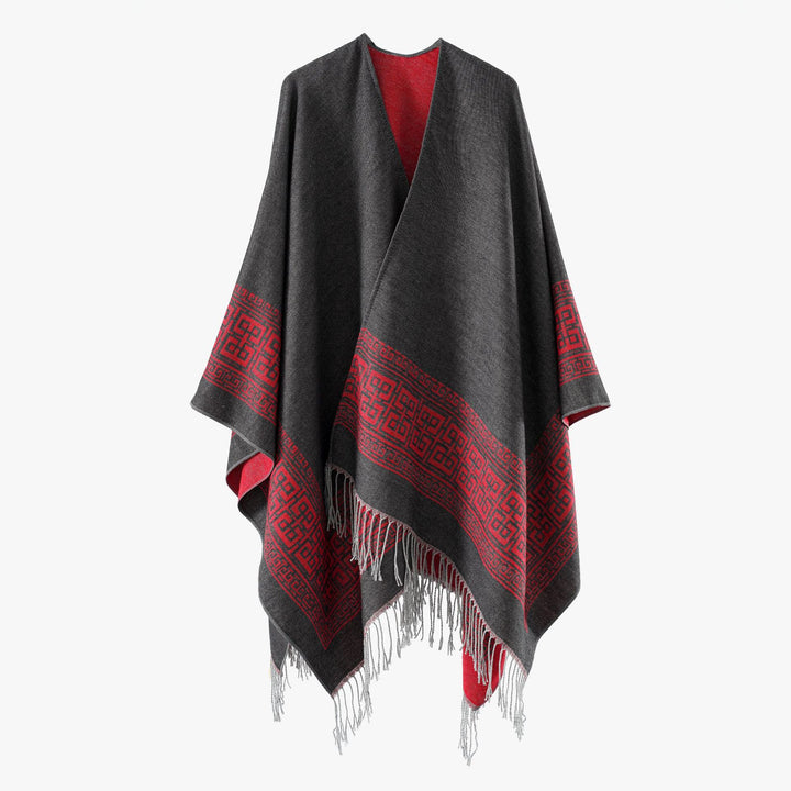 Women's Reversible Wool Blend Kimono Style Wrap with Ornamental Border and Decorative Fringes