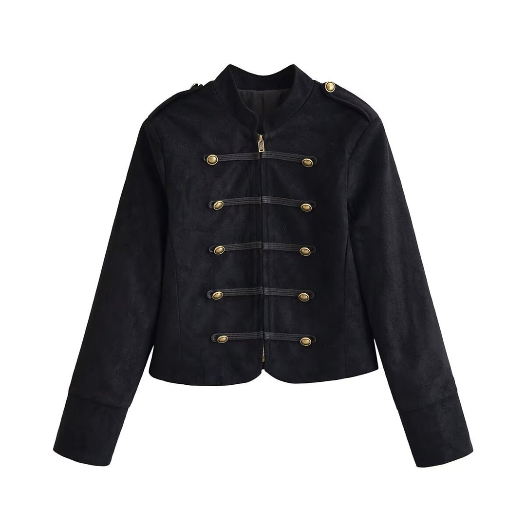 Women's Military Jacket Short Cut with Decorative Buttons and Stand-Up Collar Drune