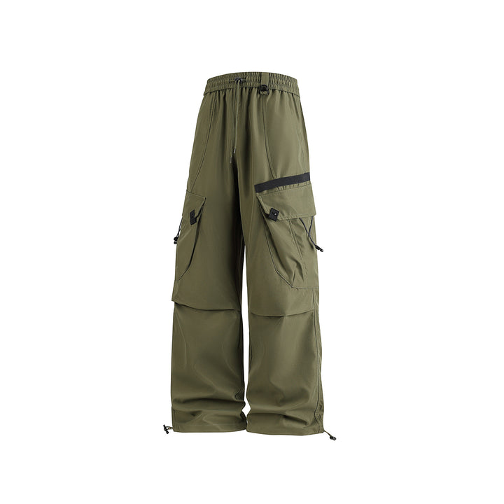 Men's Wide Utility Cargo Pants with Drawstring Waist, Multiple Pockets, and Adjustable Leg Openings Drune