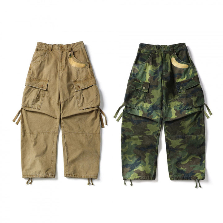 Unisex locker cut cargo pants with banana appliqué, large patch pockets and adjustable hem Mune Fashion