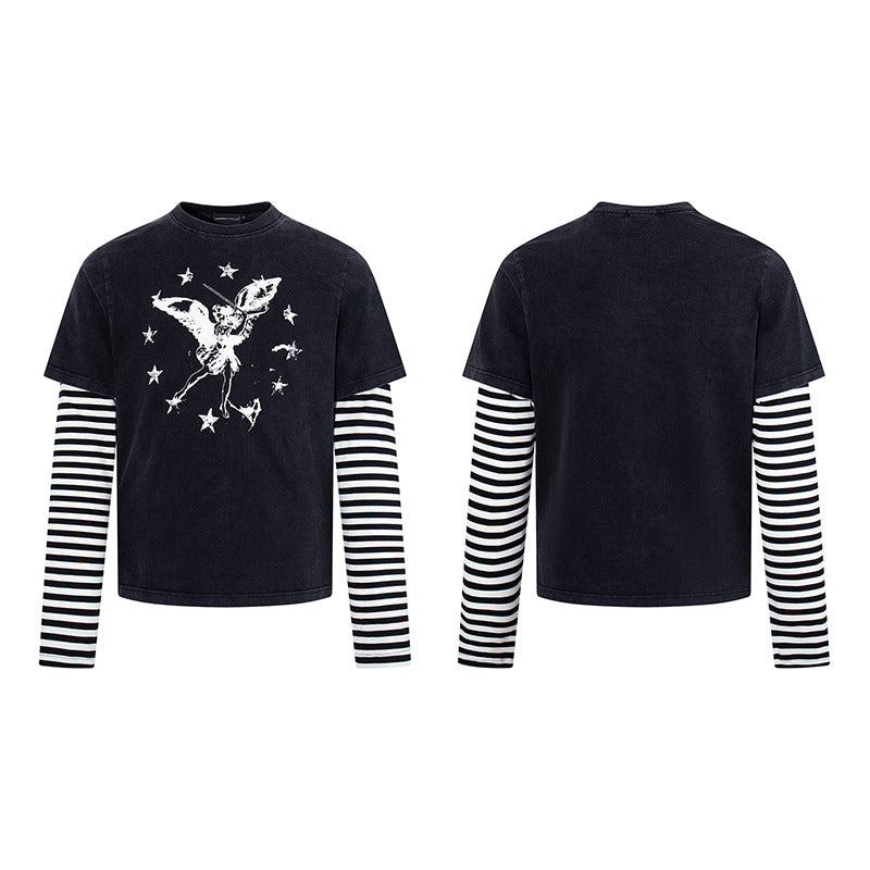 Women's Layered Long Sleeve Shirt with Striped Under Sleeves and Vintage Angel Print Mune Fashion