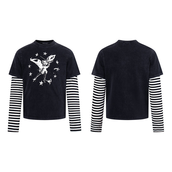 Women's Layered Long Sleeve Shirt with Striped Under Sleeves and Vintage Angel Print Mune Fashion