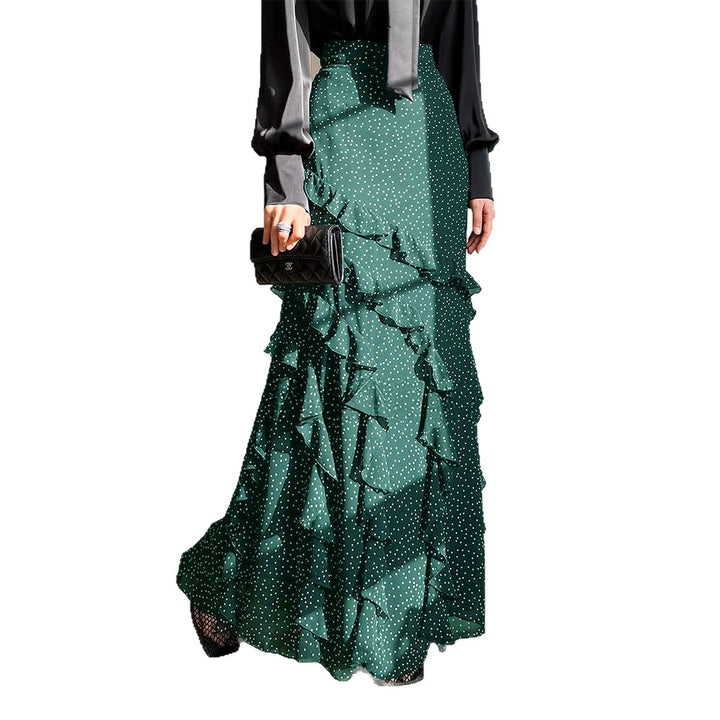 Women's maxi skirt with high waistband, asymmetrical ruffles, and flowing chiffon look Mune Fashion