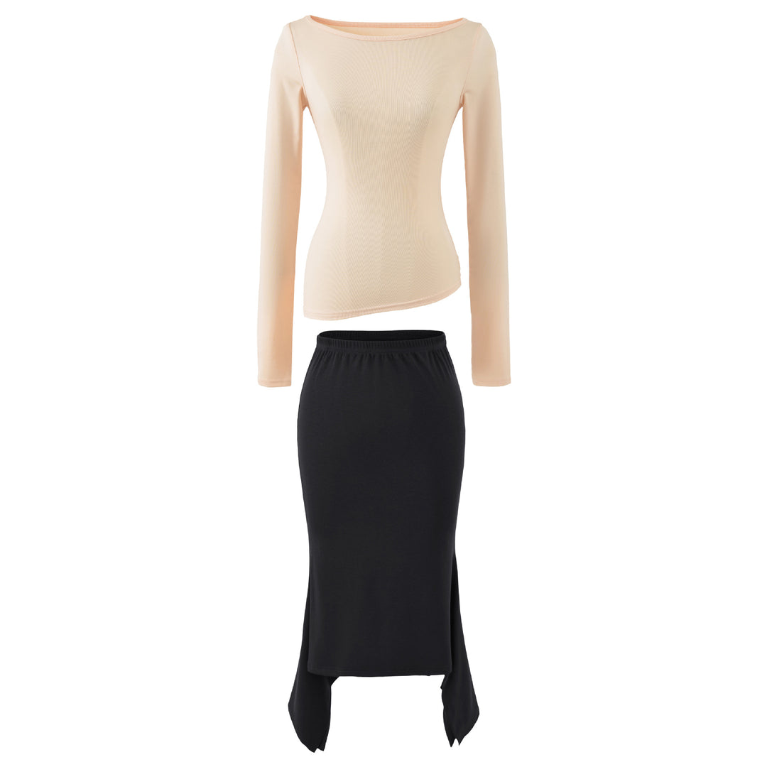 Women's Two-Piece Set with Fitted Long Sleeve Top and Maxi Skirt with Slit Mune Fashion
