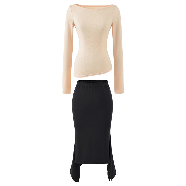 Women's Two-Piece Set with Fitted Long Sleeve Top and Maxi Skirt with Slit Mune Fashion