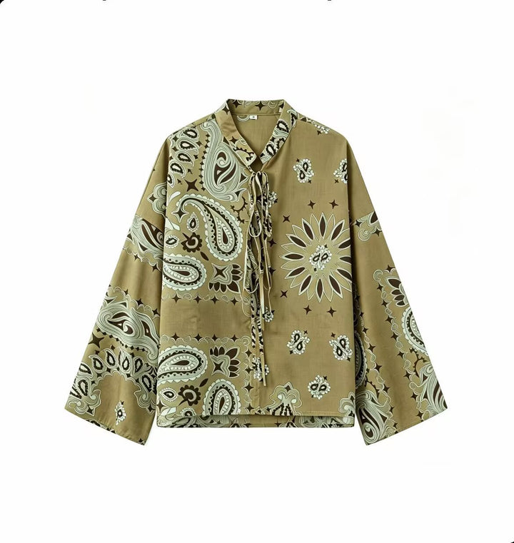 Women's Two-Piece Satin Look Lounge Set with Paisley Print, Kimono Collar Blouse and Wide Culotte Pants Mune Fashion