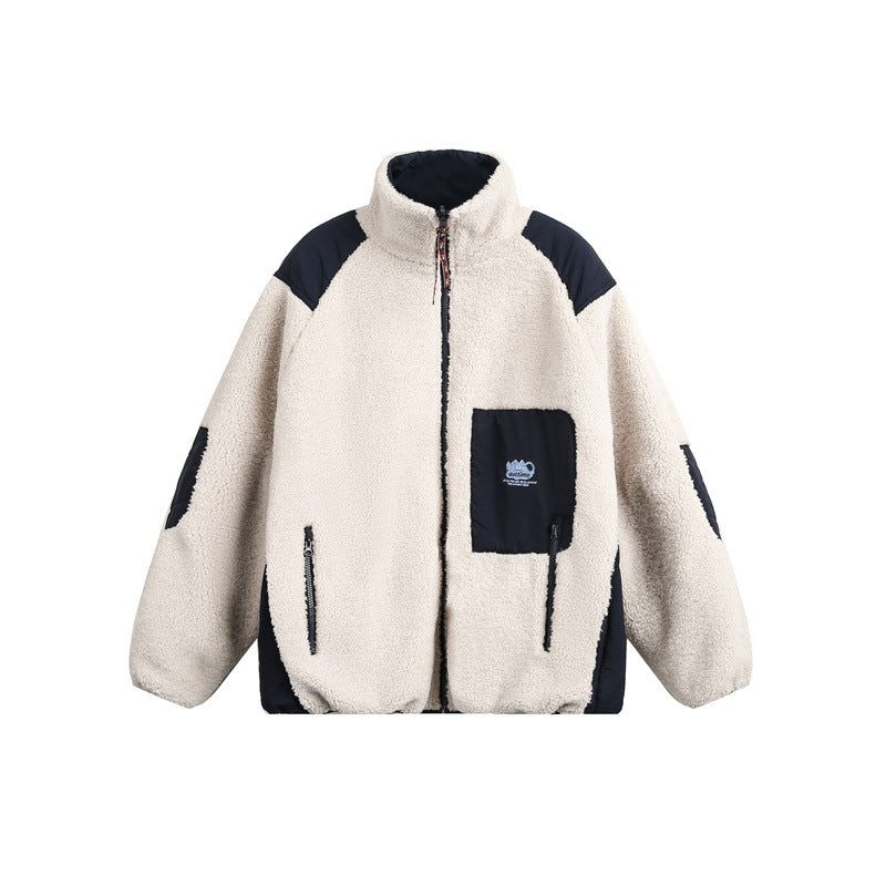 Unisex Oversize Teddy Fleece Jacket with Contrast Nylon Inserts and Stand-Up Collar Mune Fashion