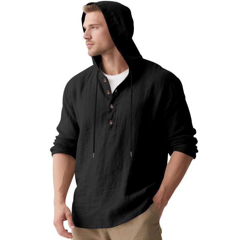 Men's Casual Hooded Henley Linen Blend Overshirt with Drawstring Mune Fashion