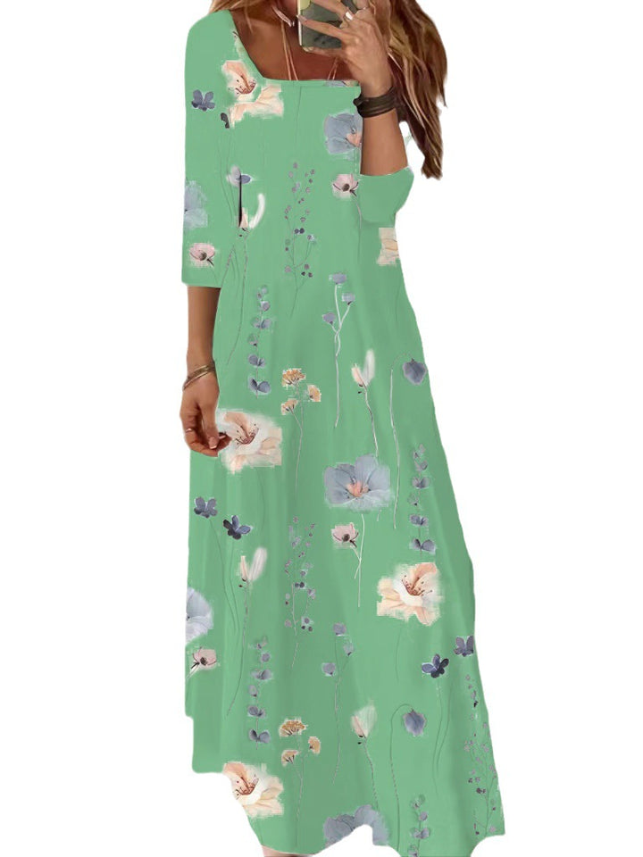 Women's Flowing Maxi Dress with Three-Quarter Sleeves, Boat Neck and Floral Allover Print Mune Fashion