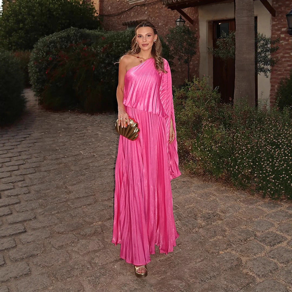 Women One-Shoulder Pleated Maxi Dress with Draped Top and Flowing Ruffle Skirt Mune Fashion