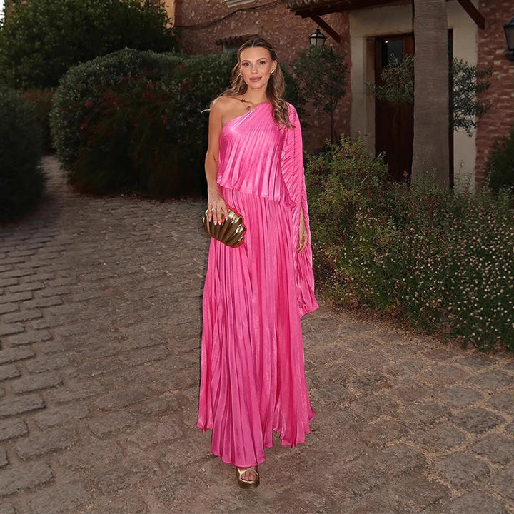 Women One-Shoulder Pleated Maxi Dress with Draped Top and Flowing Ruffle Skirt Mune Fashion