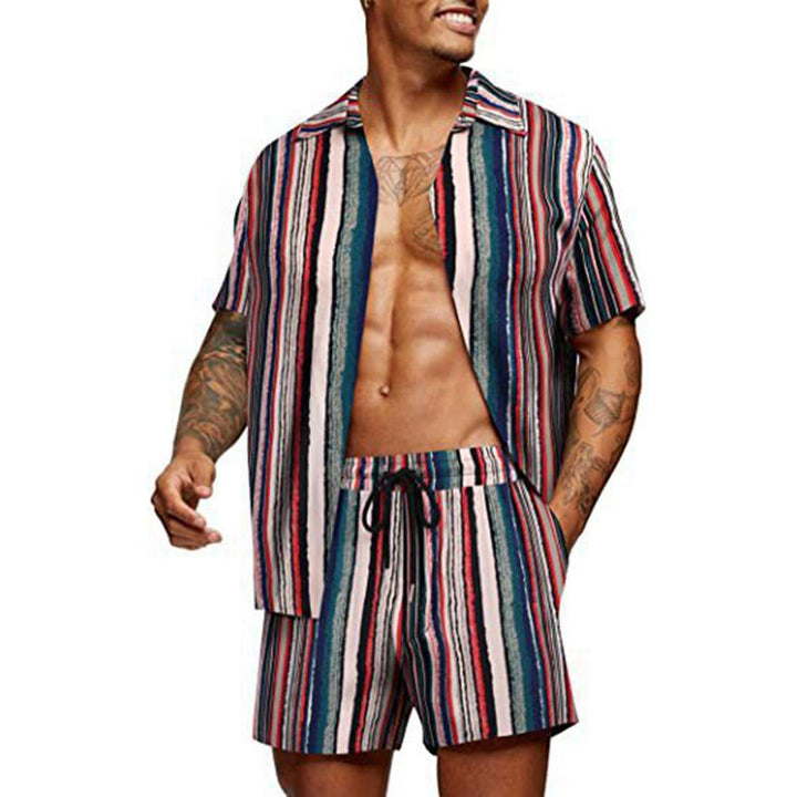 Men's tropical short sleeve shirt and swim shorts set with lapel collar, drawstring, and practical side pockets Mune Fashion