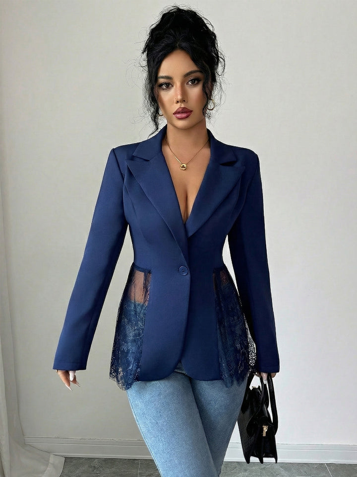 Women's nan tailored blazer with lace trim and deep V-neck Mune Fashion