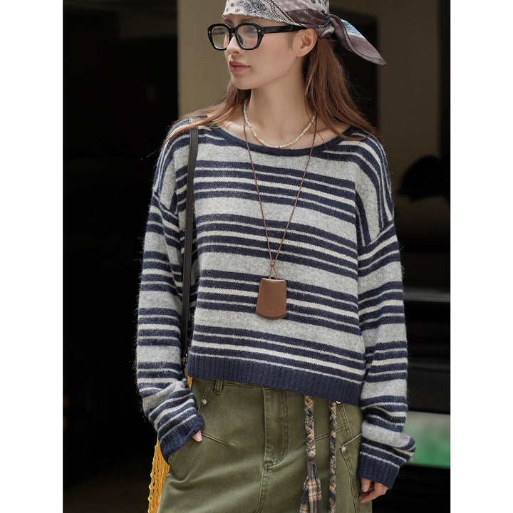 Ladies Soft Oversize Stripe Sweater with Boat Neck and Fluffy Look Mune Fashion