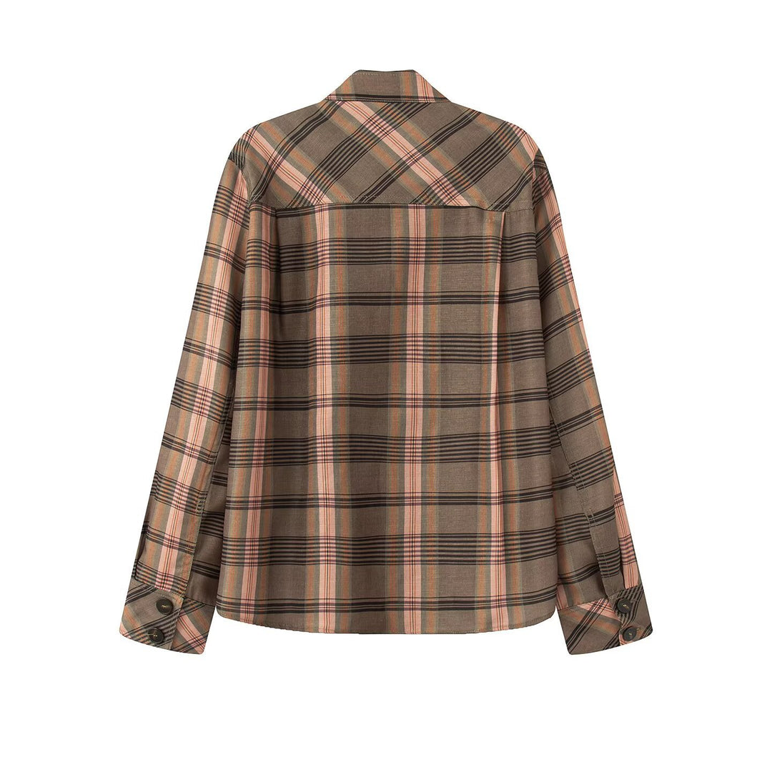 Ladies Asymmetric Cape Blouse in Check Pattern with Stand Collar and Button Closure Mune Fashion