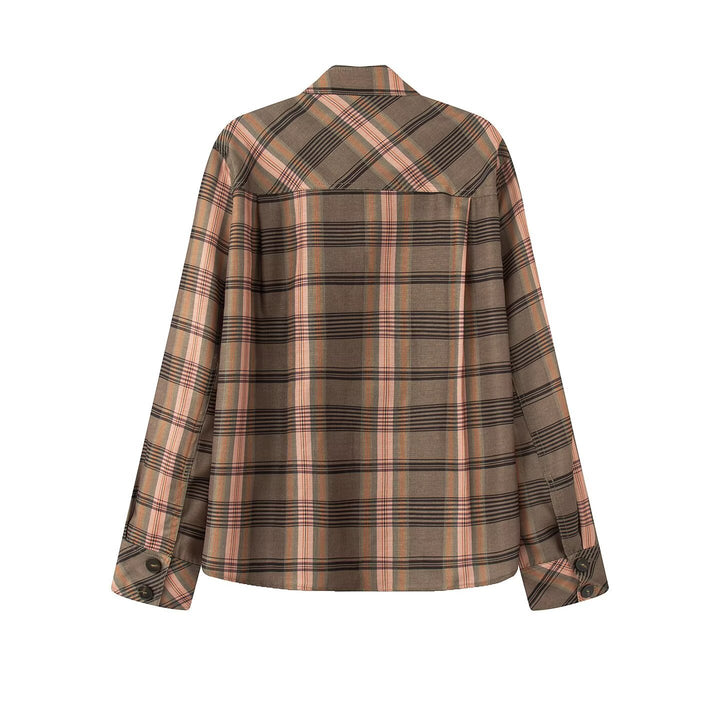 Ladies Asymmetric Cape Blouse in Check Pattern with Stand Collar and Button Closure Mune Fashion