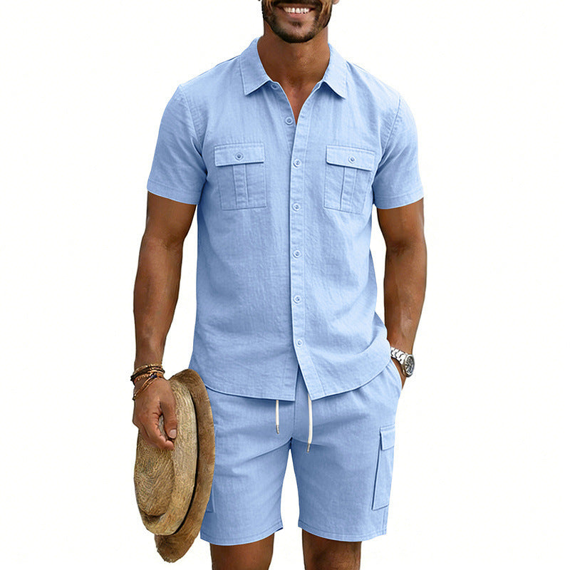 Men's summer leisure set made of cotton-linen blend with short-sleeve shirt and cargo shorts Mune Fashion