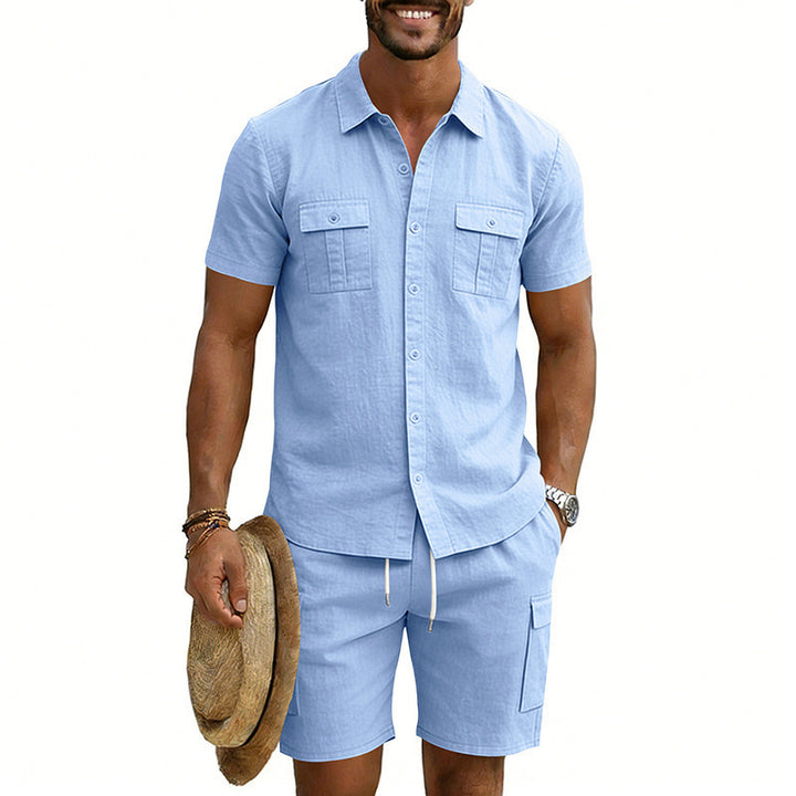 Men's summer leisure set made of cotton-linen blend with short-sleeve shirt and cargo shorts Mune Fashion