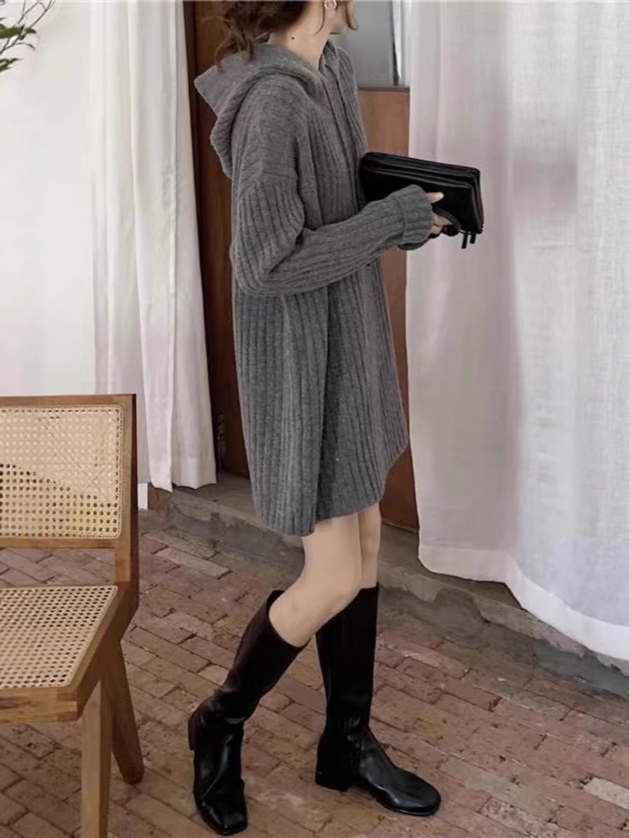 Women’s knitted hoodie dress with ribbed texture and oversized silhouette Mune Fashion