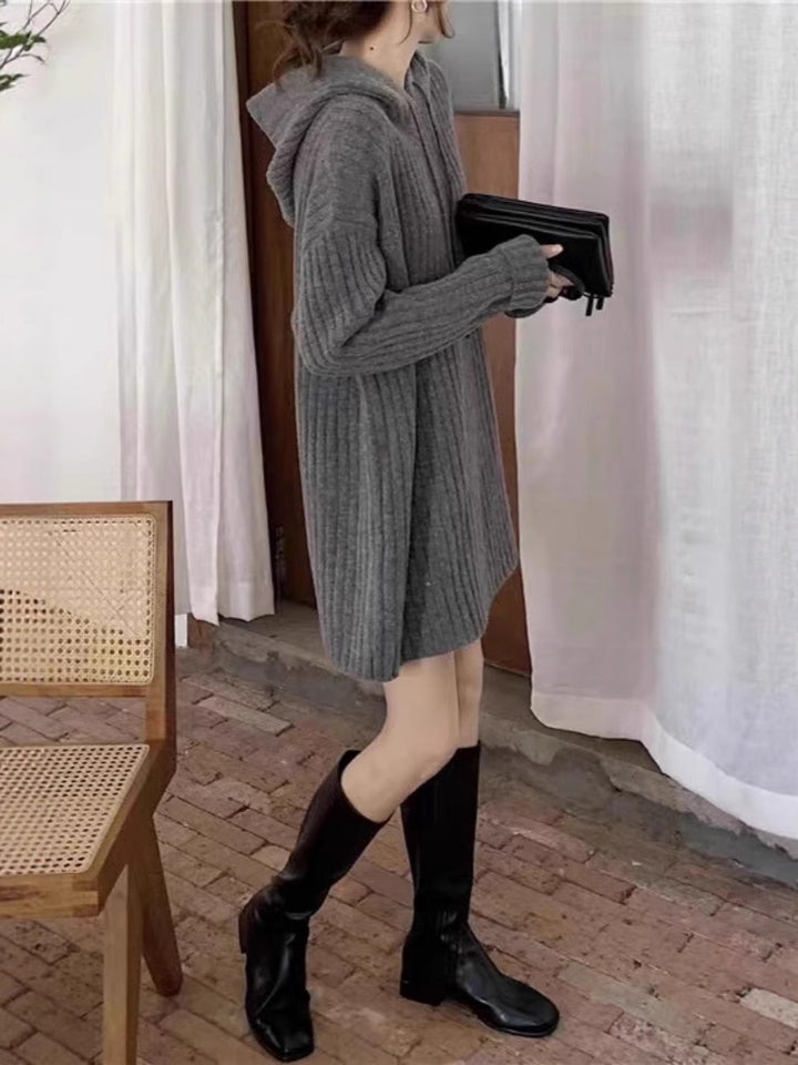 Women’s knitted hoodie dress with ribbed texture and oversized silhouette Mune Fashion
