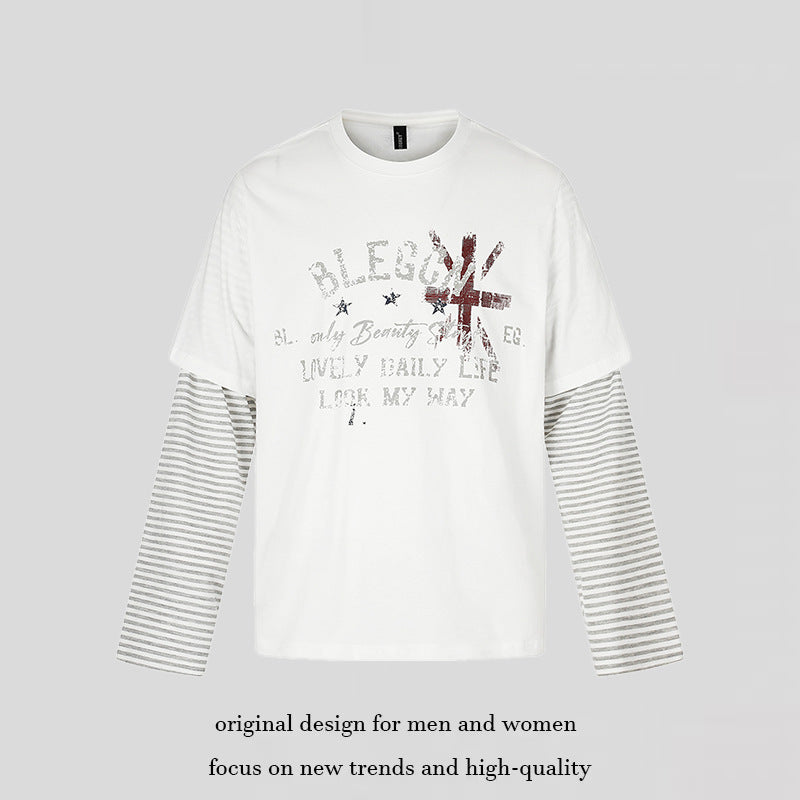 Women's Layered Long Sleeve Shirt with Striped Insert Sleeves and Vintage Print Mune Fashion