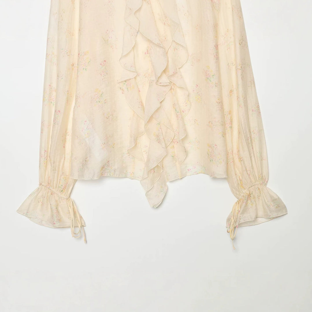 Women's chiffon blouse with ruffle front, tie cuffs and gathered sleeves Mune Fashion