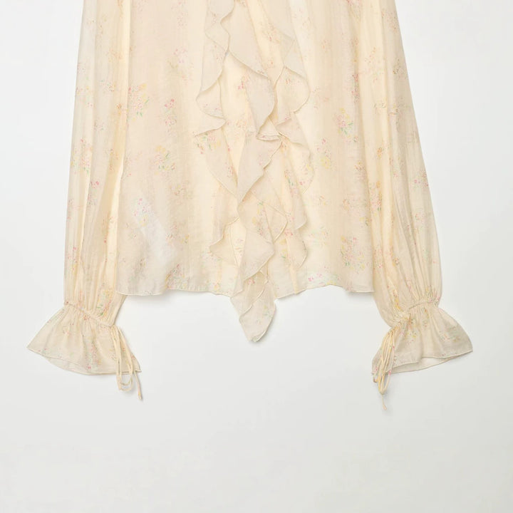 Women's chiffon blouse with ruffle front, tie cuffs and gathered sleeves Mune Fashion