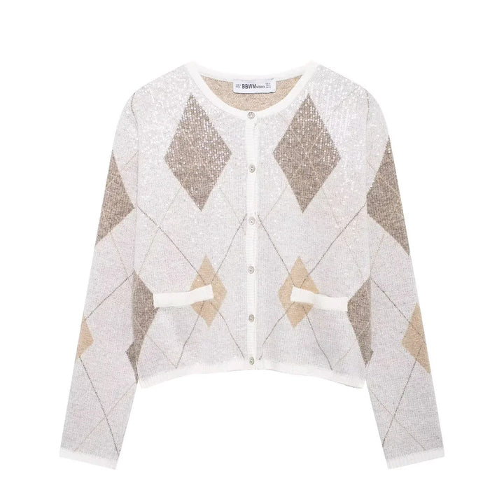 Women’s short cut cardigan with diamond sequins and patch pockets Mune Fashion
