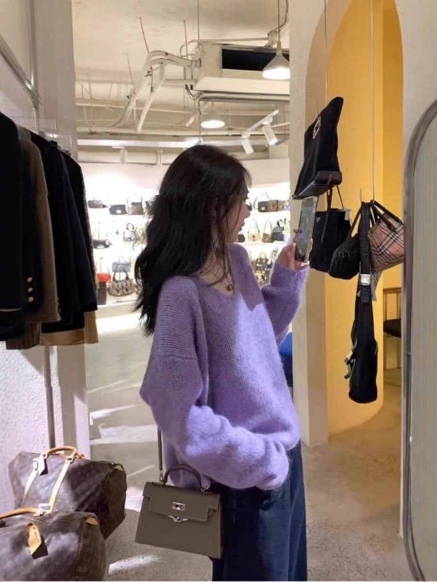 Women Oversize V-neck Mohair-look Pullover with Angora-look and dropped shoulder Mune Fashion